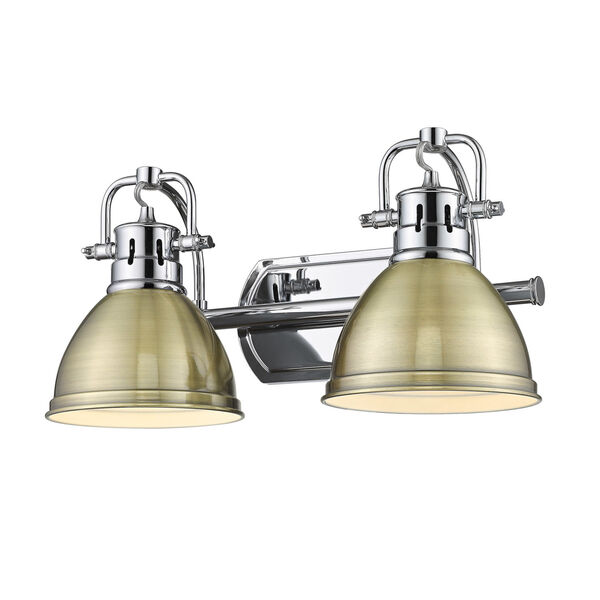 Duncan Chrome Two-Light Bath Vanity with Aged Brass Shades, image 1